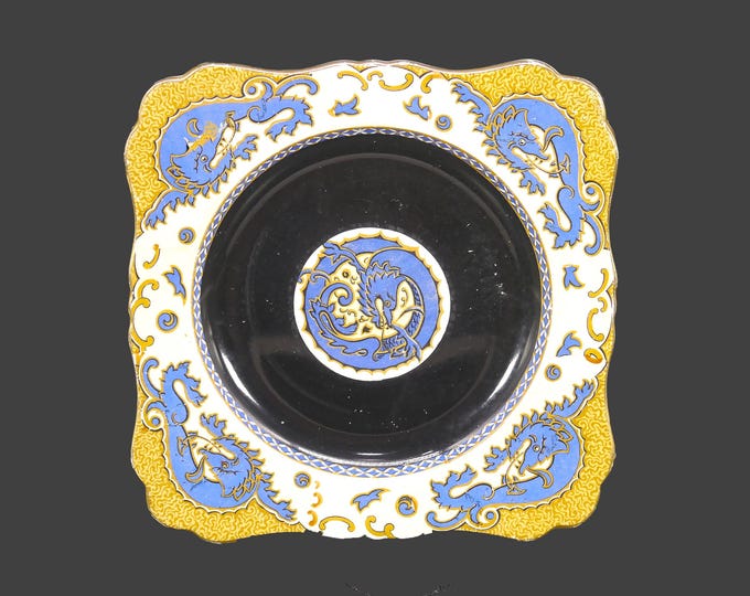 Art-deco era Royal Winton Grimwades A6045-1 square salad plate made in England. Tan and blue scrolls, black center and trim.