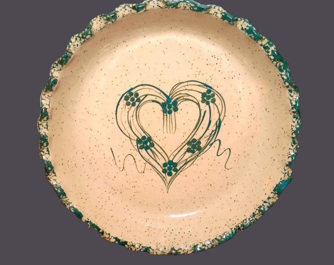 Three Rivers Pottery Amy quiche or pie plate. American art porttery made in Coshocton Ohio. Green heart, speckled ground. Minor flaw.