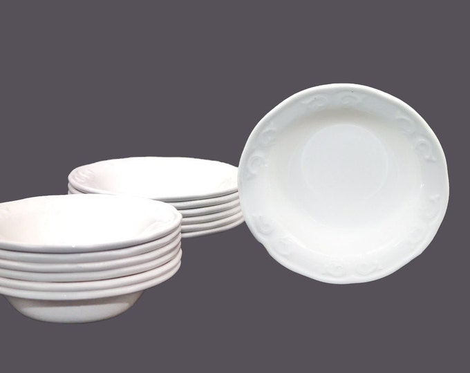 Five Dudson Aspen rimmed cereal bowls. All-white hotelware restaurantware made in England. Sold as fives.