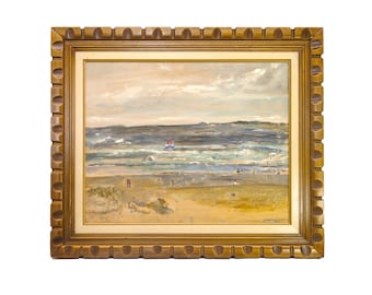 Framed oil on canvas beach scene, seascape. Signed Taylor Coates, September 1976.