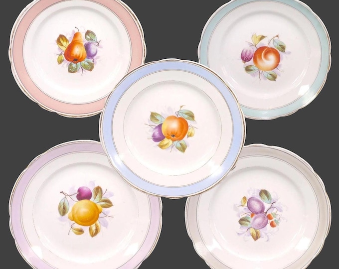 Five antique Aesthetic Movement KPM230 dessert plates. Konigliche Porzellan Manufaktur Germany. Colored rim, mixed fruit centers.