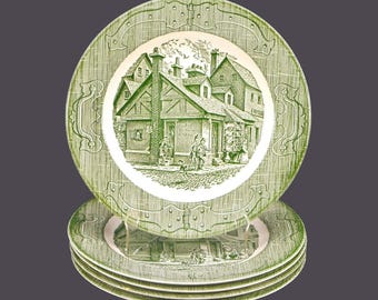 Vintage Royal China Old Curiosity Shop Green Dinner Plates - Set of 5 - Made USA