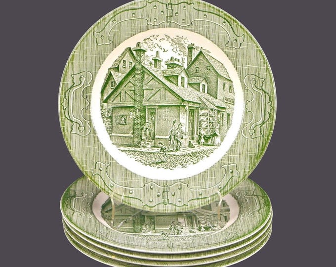 Five Royal China The Old Curiosity Shop Green dinner plates made in USA. Flaws (see below).