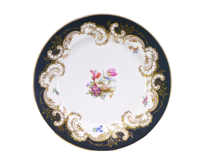 Royal Bayreuth | Tettau black and floral large dinner plate with gold scrolls made in Germany.