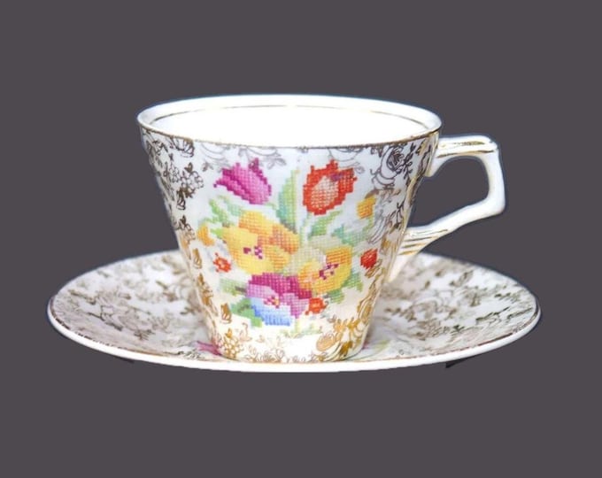 H&K Tunstall | Hollinshead Kirkham Old English Sampler gold-chintz cup and saucer set made in England.