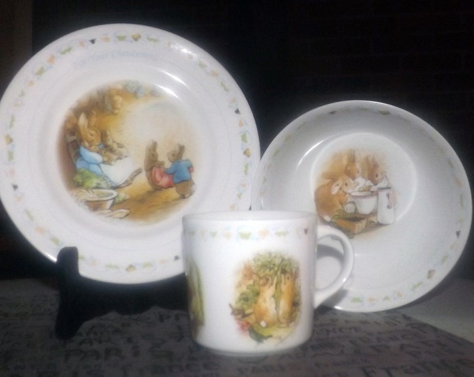3-piece Wedgwood child's | baby dinnerware set Peter Rabbit. Plate, cereal | oatmeal bowl, handled mug. Flopsy, Mopsy. Made in England.