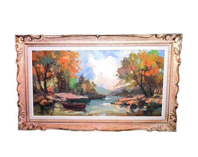 Very large, original oil on canvas painting by Montreal artist Guy Duveyre in a carved gilded wood frame.