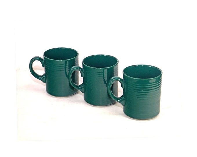 Three Signature Housewares Carnivale Dark Green stoneware coffee or tea mugs made in Japan.