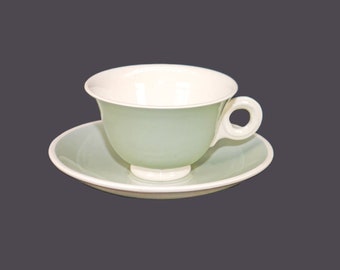 Digoin Sarreguemines cup and saucer set. Mint green, white cup bowl and accents. Made in France.