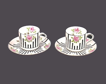 Antique Paragon Bone China Demitasse Sets: Pink Roses, Black Stripes. 2 sets.