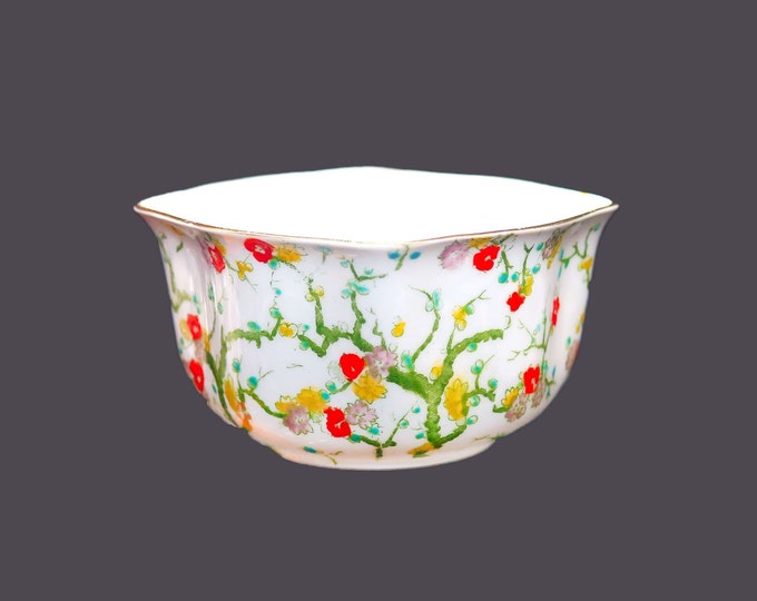 Art-deco era Royal Stafford Bone China hand-decorated Chinoiserie sugar bowl. Orange, pink, yellow blossoms with greenery made in England