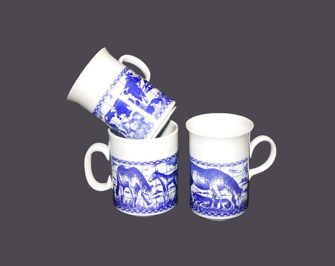 Three Churchill China blue-and-white Country Life coffee and tea mugs. Cows and Horses. Made in England.