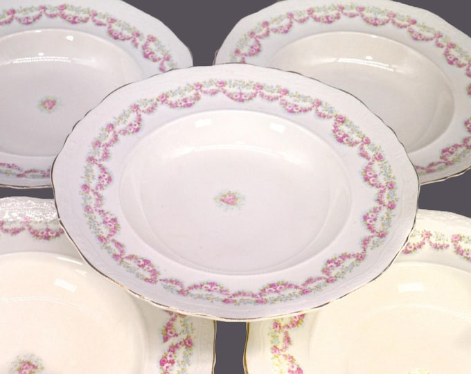 Five Edwardian Age Johnson Brothers JB960 rimmed soup bowls made in England. Flaw (see below).