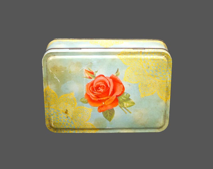 Early mid-century McFarlane Lang & Co. biscuit tin. Blue with red rose and tan lace. Hinged lid.