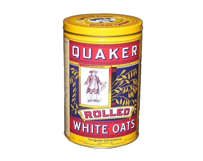 Quaker Oats Rolled White Oats bilingual recipe tin. Recipe for making oatmeal cookies.