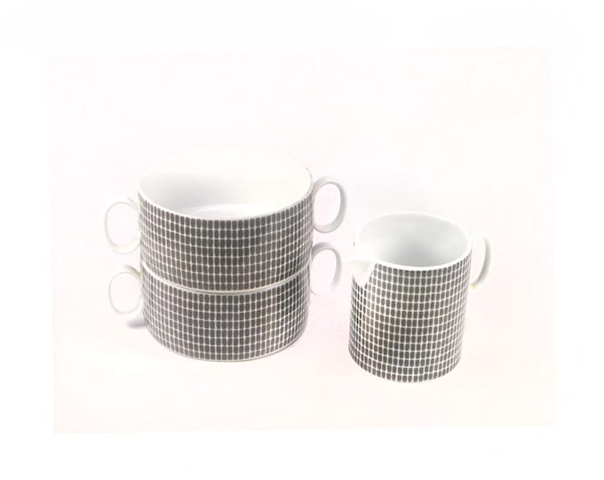 Three pieces of Rosenthal R3094 | Medallion Onyx tableware designed by HT Baumann, Richard Sharrer. Two cream soup cups, 1 creamer. Germany.