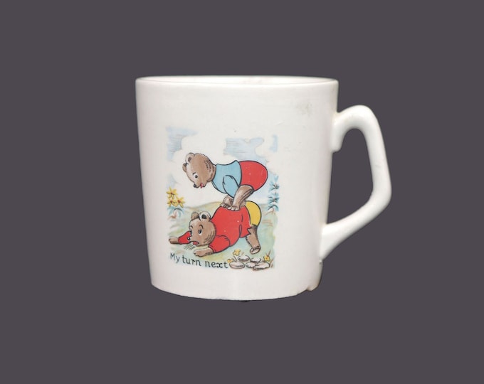 Antique Cartwright & Edwards child's nursery mug. Bear pals playing leapfrog and the text My Turn Next. Flaws (see below).