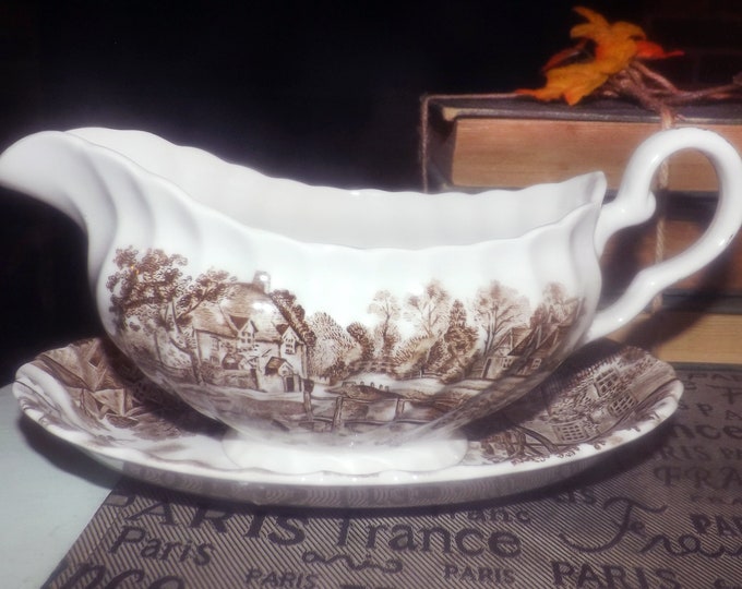 Vintage (1970s) Johnson Brothers Cotswold Brown gravy or sauce boat with matching under-plate. Transferware landscape | countryside scene.