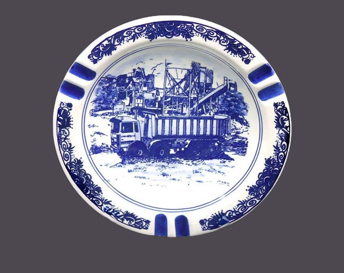 Royal Delfts ashtray hand painted, made in Holland. Truck, construction scene. Six cigarette holders. Flaws (see below).