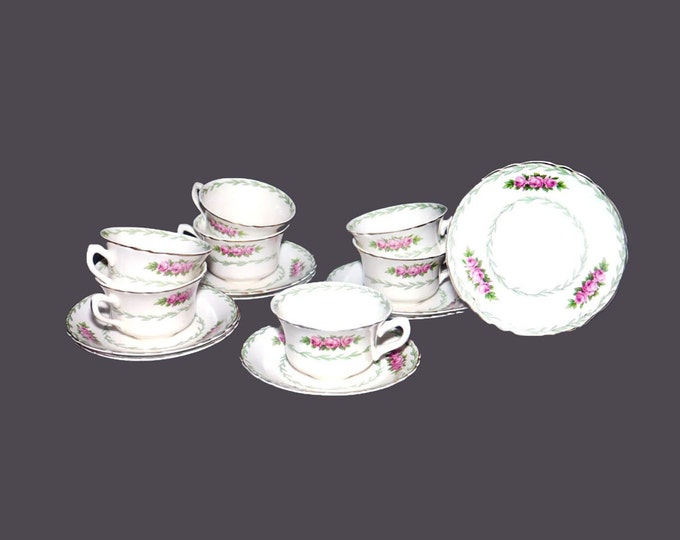 Arthur J. Wilkinson Royal Staffordshire 1298 cup and saucer sets made in England. Pink rose trio, green laurels. Bonus orphan saucer.