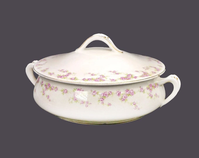 Antique Edwardian Age Grimwades Upper Hanley Pottery Bridal Rose E93 covered, handled serving bowl made in England. Flaws (see below).