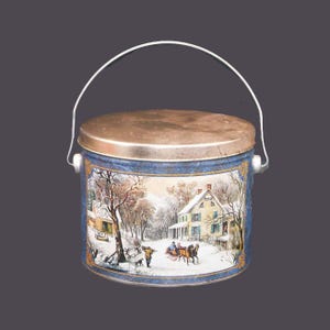 Currier & Ives American Homestead Winter metal handled bucket | tin made in the USA.