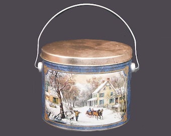 Currier & Ives American Homestead Winter metal handled bucket | tin made in the USA.