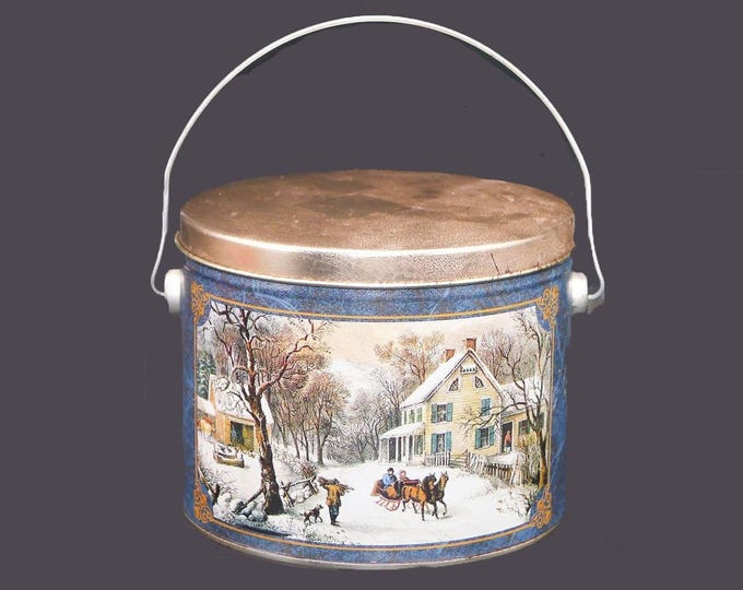 Currier & Ives American Homestead Winter metal handled bucket | tin made in the USA.
