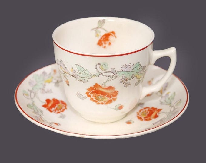 Wade Heath cup and saucer set made in England. Chinoiserie orange poppies, red trim. Minor flaws (see below).