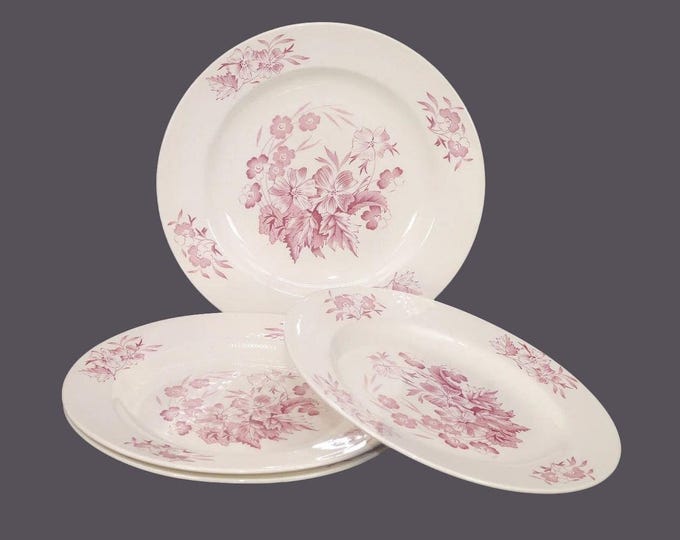 Four Wade Heath Meadow Pink | Hedgerow Pink luncheon plates made in England. Pink transferware florals. Flaws (see below).