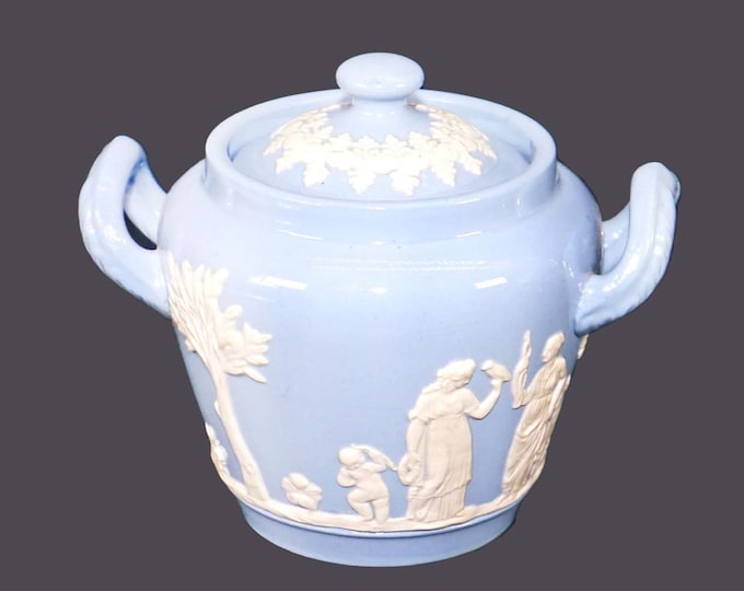 Dudson Jasperware blue-and-white covered sugar bowl. Embossed Greco-Roman images.