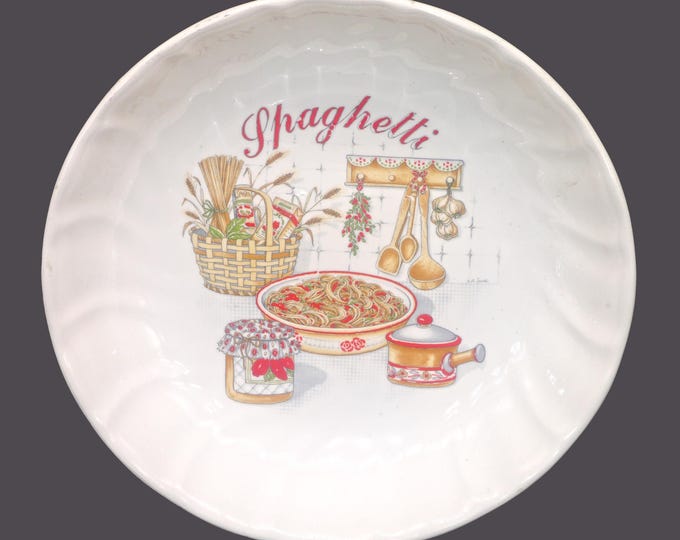Vintage Stovit round pasta serving bowl. Spaghetti wording, spaghetti in basket. Made Italy.