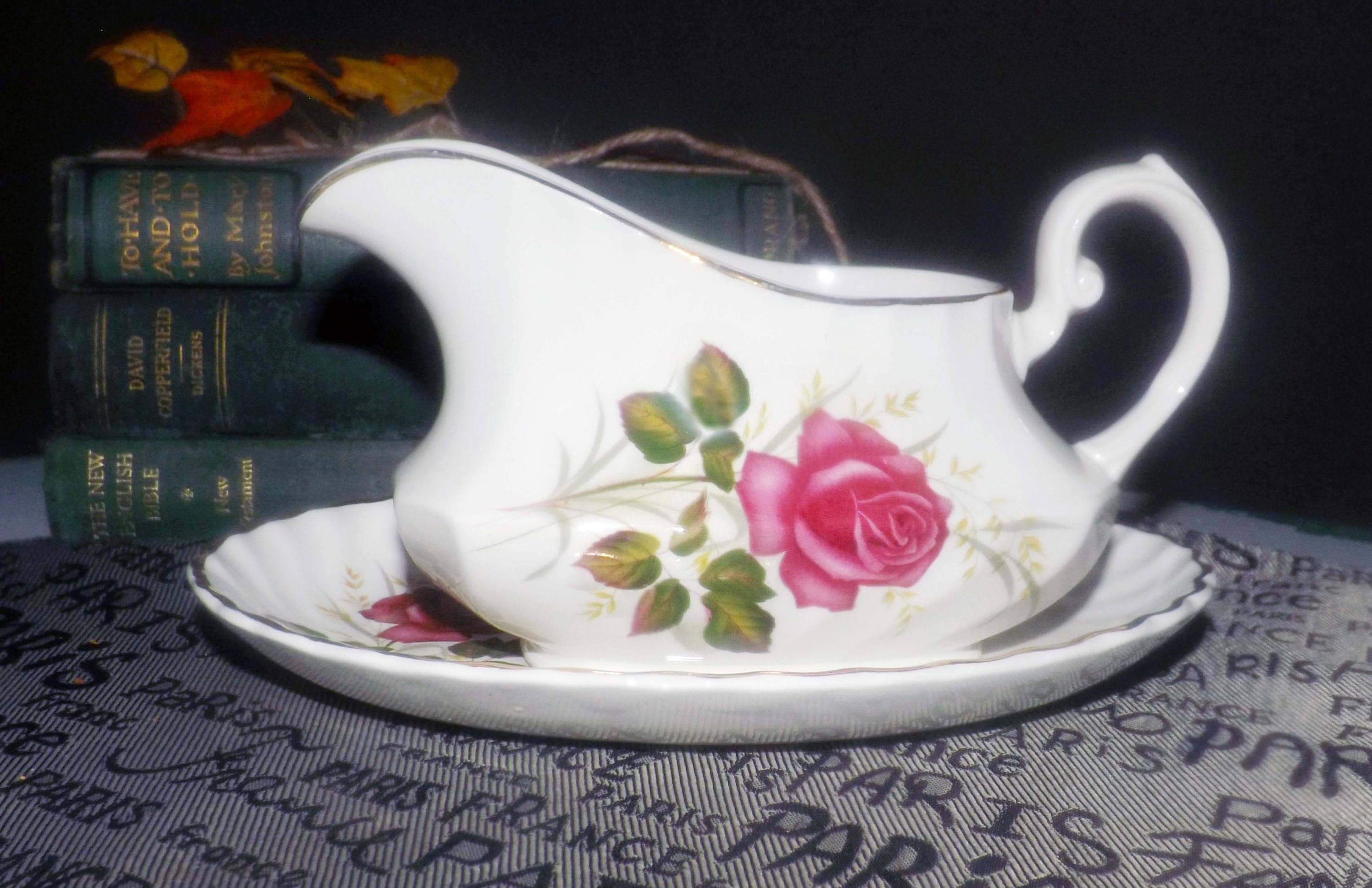 Vintage (1960s) Ridgway Anniversary Rose gravy boat with oval under plate. Bright red rose