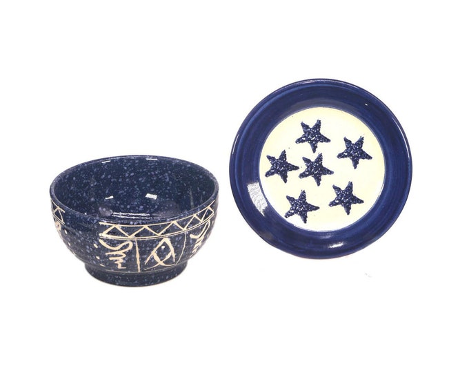 Marshall Pottery Brian Miller signed plate and serving bowl. Blue stars, fish. American-made art pottery. Flaw (see below).