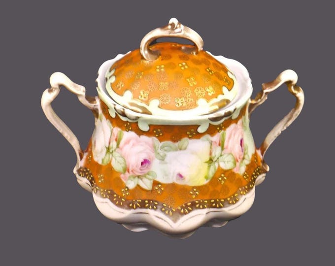 Antique Reinhold Schlegelmilch under Royal Vienna banner covered sugar bowl. Pink roses, moriage. Flaw (see below).