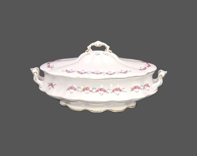 Antique S.W. Dean 1475 covered serving bowl made in England. Pink roses, blue flowers, greenery.