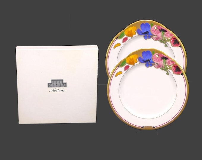 Pair of Noritake The Ginza 4559 lugged bone china dessert plates. Four Seasons tableware made in Japan. Includes original box.