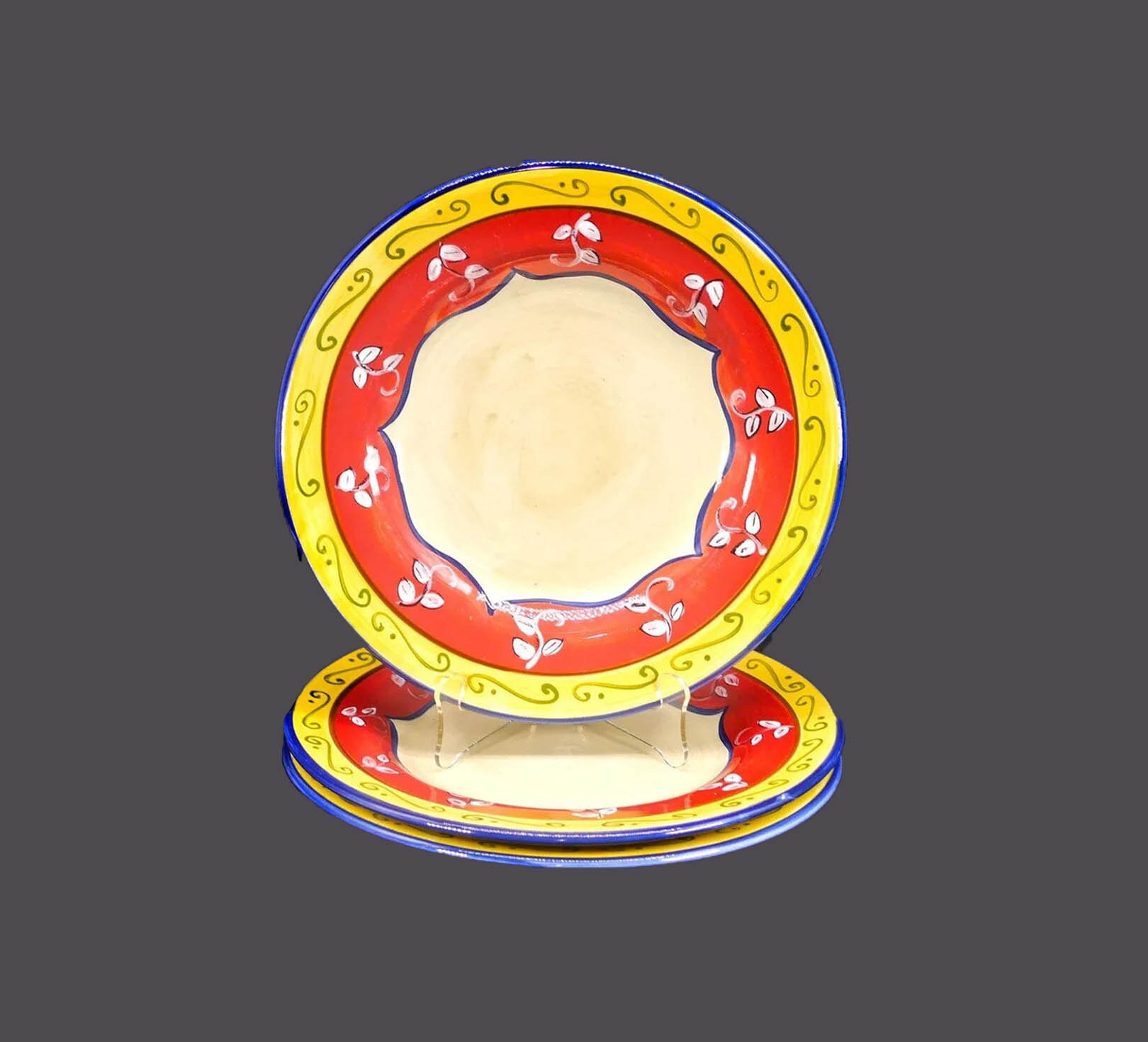 Three Pier 1 Vallarta large, handpainted dinner plates. Flaw (see below).