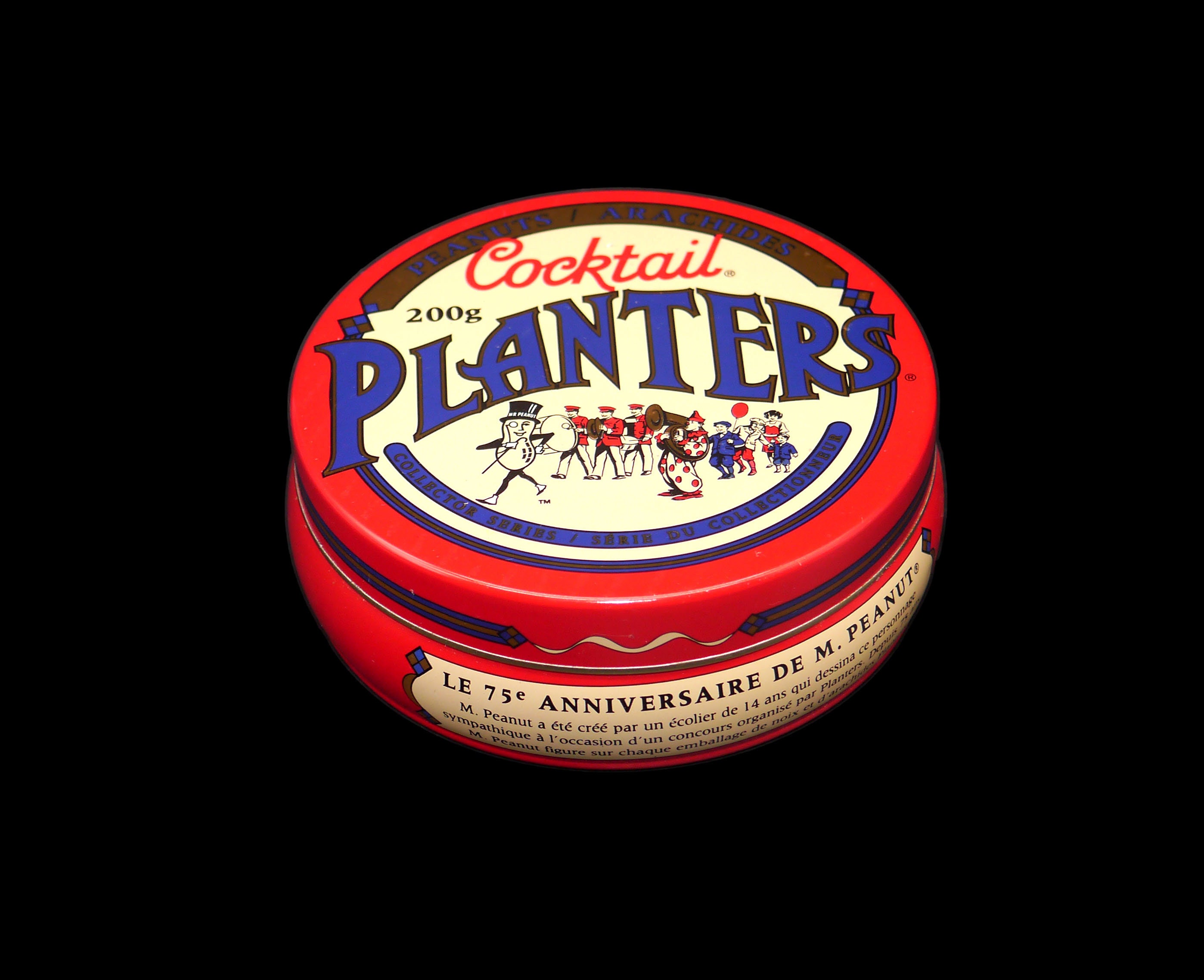Planters Cocktail Peanuts bilingual round tin. 75th Birthday of Mr. Peanut.