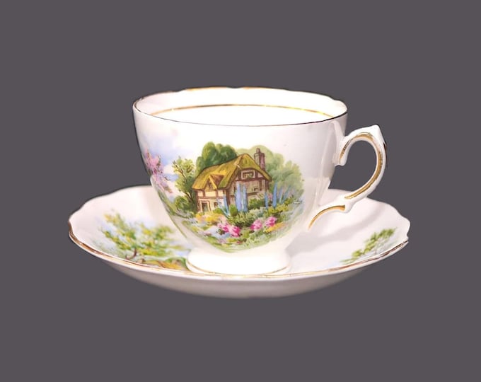 Royal Vale | Colclough 7382 cup and saucer set. Bone china made in England. English cottage garden setting.