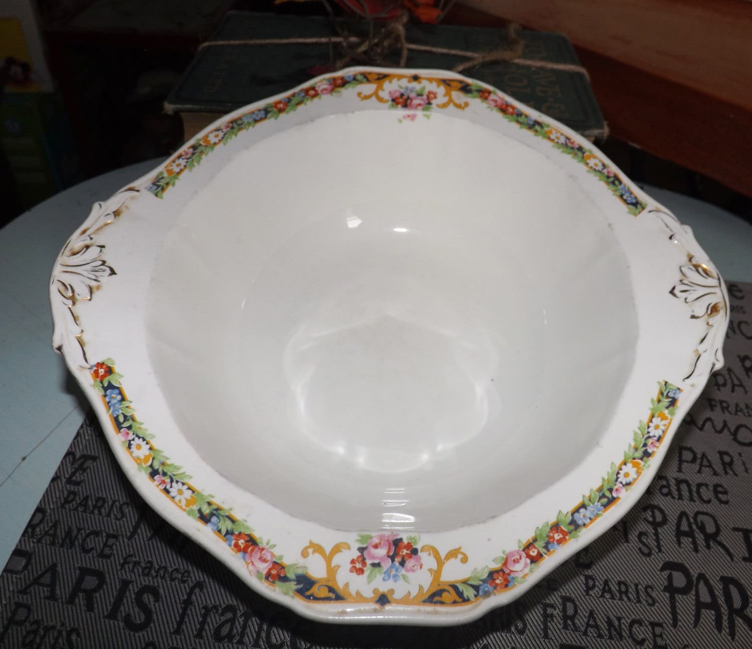 Almost Antique 1920s Alfred Meakin Art Deco Rimmed Vegetable Or Serving Bowl Embossed Handles Multicolor Florals Gold Swags
