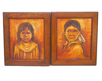 Pair of Native American Children original oil on canvas paintings by Cindy Mac D. Wood frames. Signed bottom right.