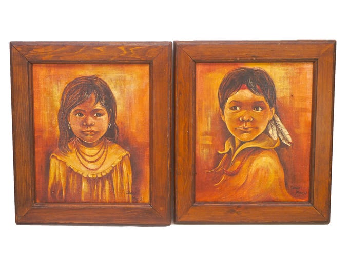 Pair of Native American Children original oil on canvas paintings by Cindy Mac D. Wood frames. Signed bottom right.