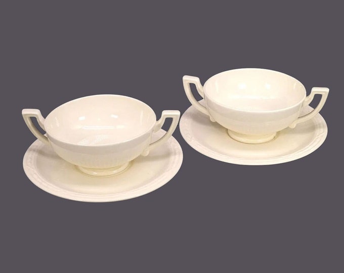 Pair of Royal Creamware Recamier cream soup sets | bouillon sets. All cream with embossed details.
