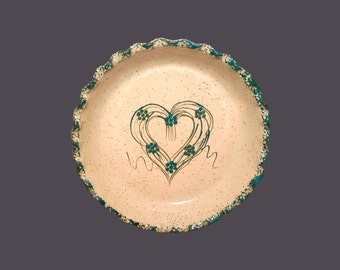 Three Rivers Pottery Amy quiche or pie plate. Americn art porttery made in Coshocton Ohio. Green heart, speckled ground. Minor flaw.