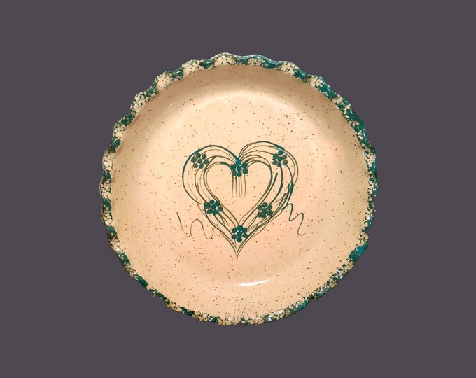 Three Rivers Pottery Amy quiche or pie plate. American art porttery made in Coshocton Ohio. Green heart, speckled ground. Minor flaw.