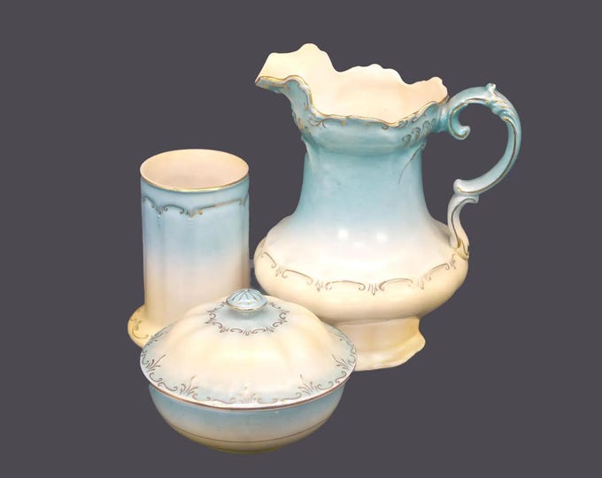 Antique Edwardian Age Crown Devon Fieldings | SF&C X650 lavatory set made in England. Graduated blues, gold scrolls. Flaws (see below).