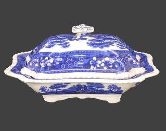 Antique Copeland Spode Spode's Tower Flow Blue Serving Bowl, England