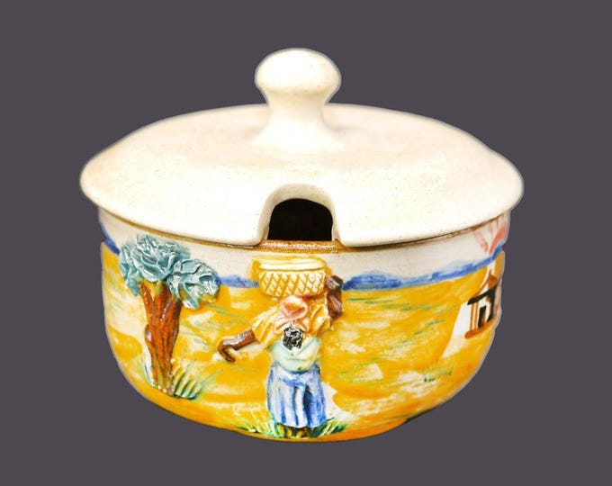 Dedza Nkhotakota Studio hand-painted, covered sugar bowl. Majolica woman with basket, village, sun. African art pottery.