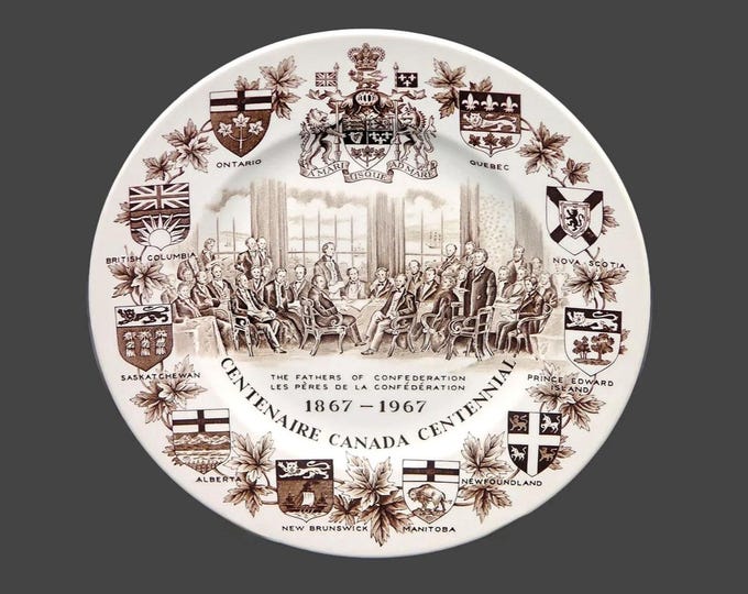 Wood & Sons Canadian Centennial 1967 commemorative plate. Fathers of Confederation. Alpine White Ironstone made in England.